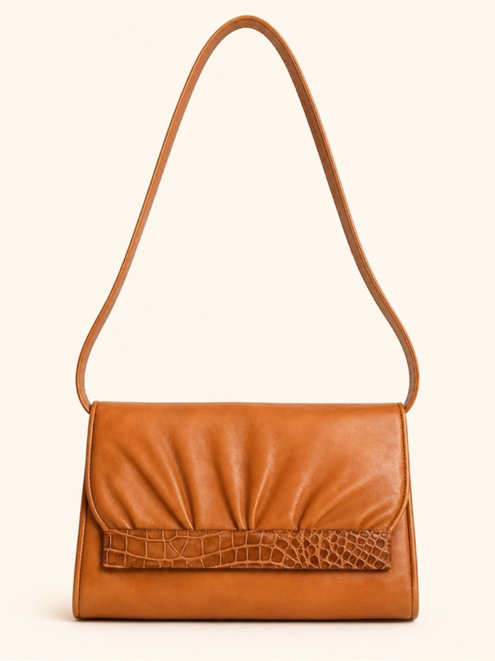 Gucci Vintage Cognac Leather Croc Trim Shoulder Bag